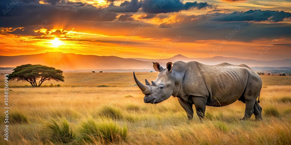 Fototapeta premium Rhinoceros in the savannah at sunset, Rhinoceros, savannah, sunset, wildlife, nature, Africa, horn, grassland, dusk