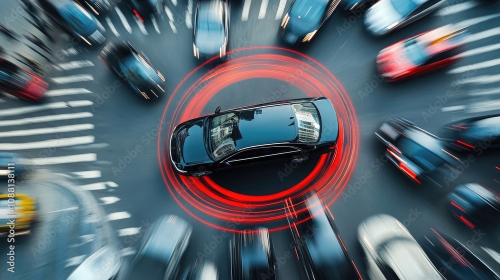 Obraz premium Automated Car Driving on Road with Sound Waves and Motion Blur in Modern City Traffic