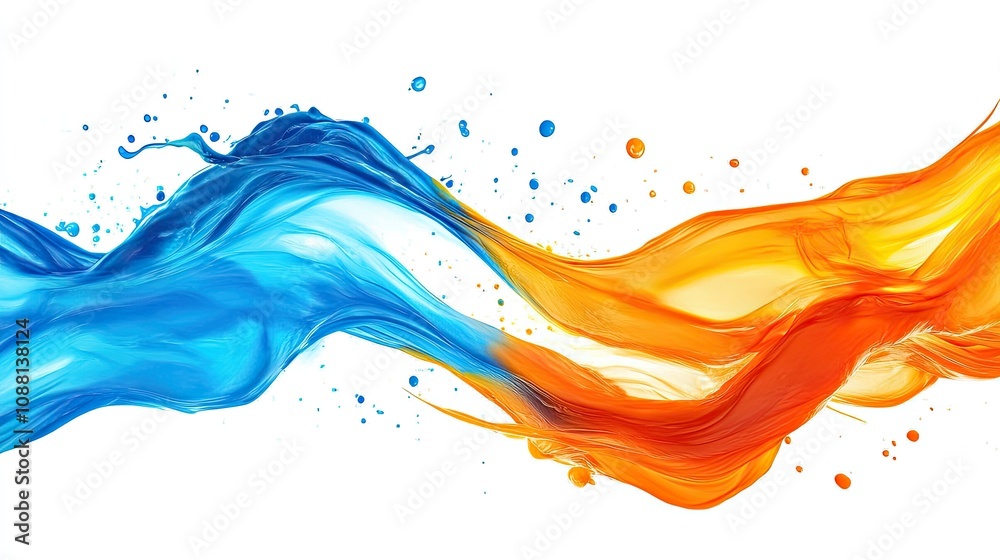 Dynamic Flow of Blue and Orange Paint Creating Abstract Waves with Splashes and Drips on White Background for Artistic and Creative Projects Dynamic Flow of Blue and Orange Paint Creating Abstract Waves with Splashes and Drips on White Background for Artistic and Creative Projects
