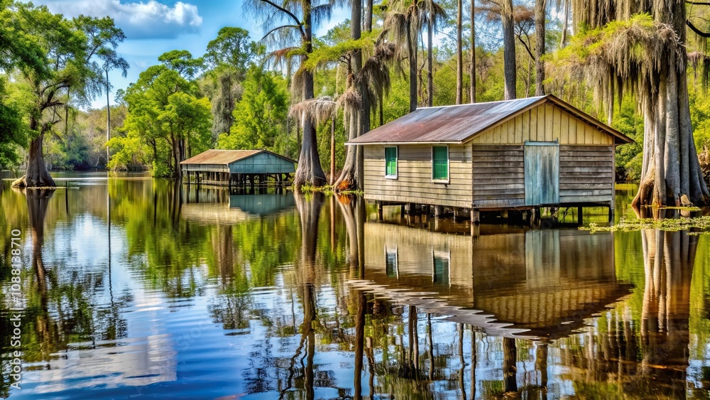 Cajun fish camp in swamp gradually flooding , Cajun, fish camp, swamp, flooded, rising waters, Louisiana, outdoor, nature Cajun fish camp in swamp gradually flooding , Cajun, fish camp, swamp, flooded, rising waters, Louisiana, outdoor, nature