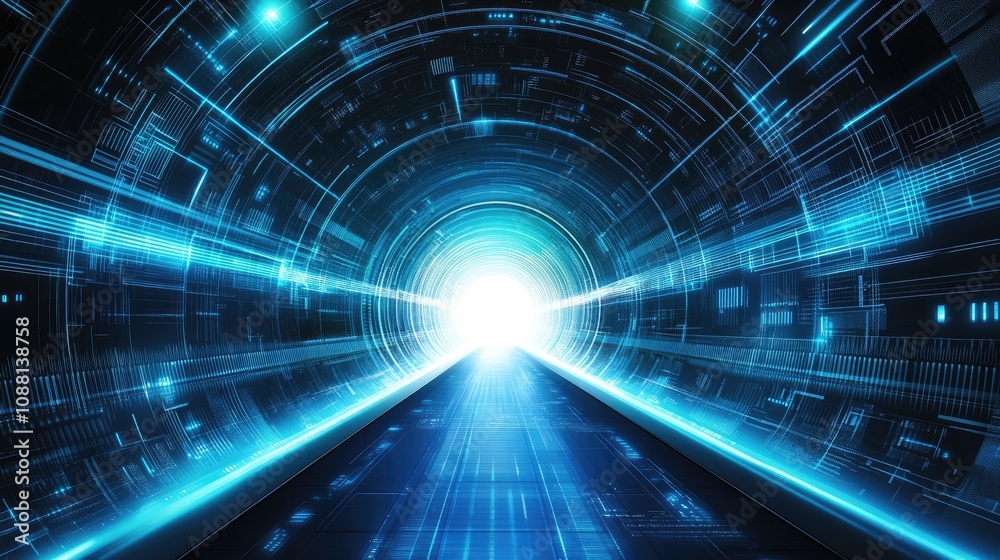 Futuristic Tunnel with Bright Light at the End Featuring Digital Patterns and Blue Light Effects for Sci-Fi and Technology Themes Futuristic Tunnel with Bright Light at the End Featuring Digital Patterns and Blue Light Effects for Sci-Fi and Technology Themes