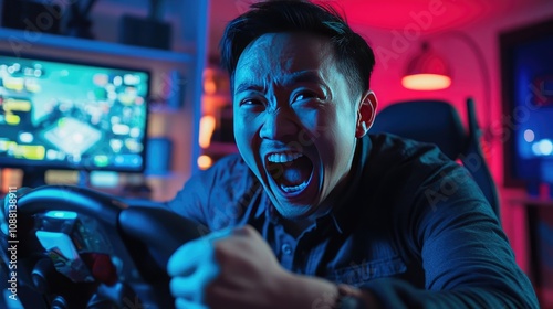 Excited Asian Man Celebrating Victory in a Gaming Room While Holding a Steering Wheel