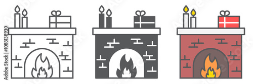 Christmas fireplace line icon collection, Christmas and interior, fireplace vector icon set, vector graphics, editable stroke outline sign, eps 10