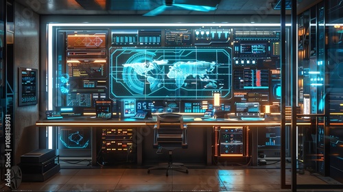 Futuristic control room with global monitoring system and advanced technology.