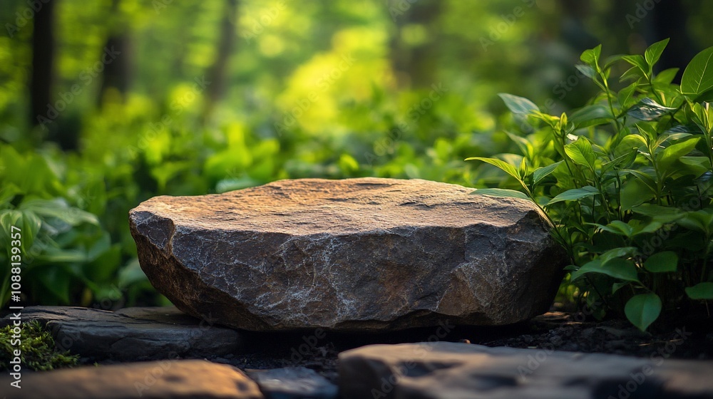 Obraz premium Flat stone surface in lush garden.