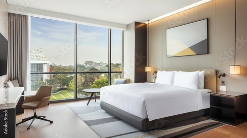 Modern Hotel Room with Bed, Workspace, and Window Mockup Wall