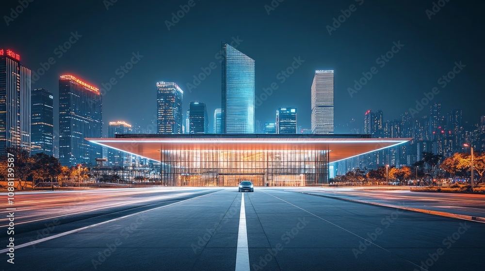 Night cityscape with modern architecture and a long empty road leading to a building. Night cityscape with modern architecture and a long empty road leading to a building.