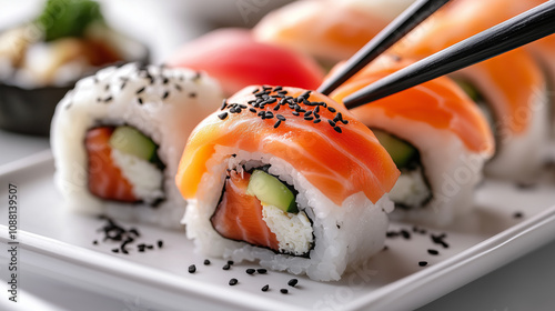 Delicious Sushi Rolls with Fresh Salmon and Chopsticks