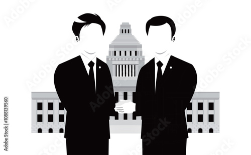 国会議事堂前で握手をする日本人政治家の男性シルエットモノトーンイラスト_改革・社会問題イメージ
