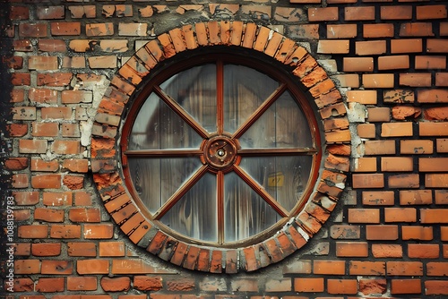 Old window on the brick wall in the part of the city