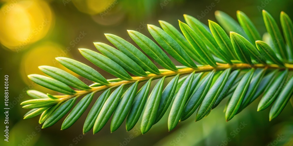 Fototapeta premium Single yew leaf with glossy surface, yew, leaf, needle-like, dark green, small, glossy, botanical, nature, plant, close-up