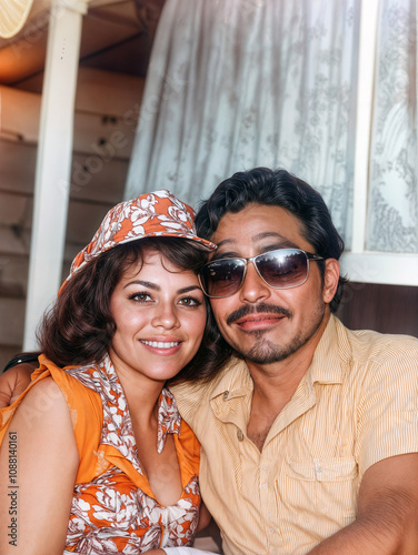 Vintage 1970s Snapshot Smiling Couple Retro fashion orange dress sunglasses