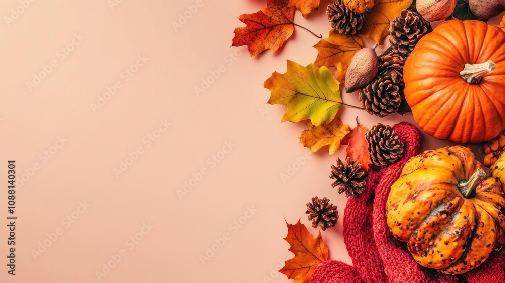 Autumn-themed arrangement with pumpkins, leaves, and pinecones. Autumn-themed arrangement with pumpkins, leaves, and pinecones.