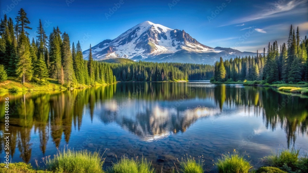 Mountain landscape with a tranquil lake and the iconic Mount Rainier in the background, mountain, landscape, lake Mountain landscape with a tranquil lake and the iconic Mount Rainier in the background, mountain, landscape, lake