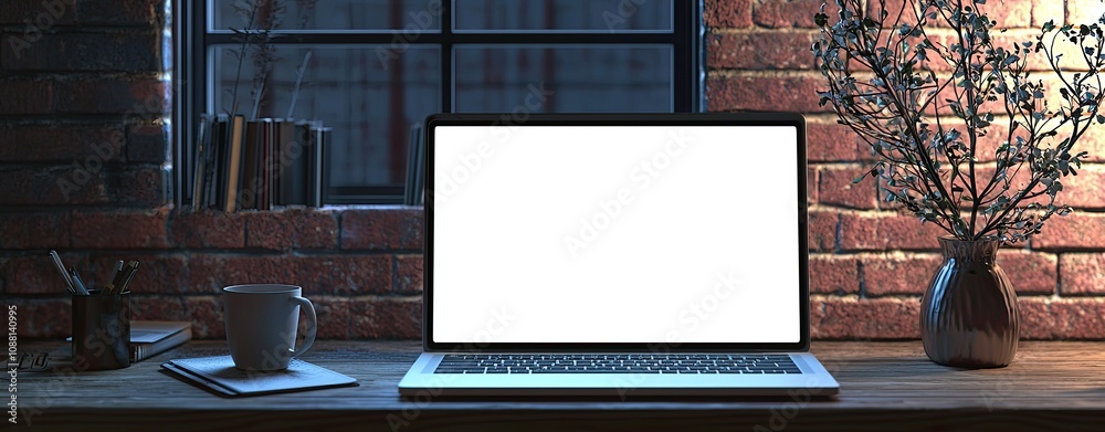A laptop with a blank white screen on a desk in a modern home office interior near a window and a decorative vase with branches. A mockup for design, template, or presentation background. Minimalistic A laptop with a blank white screen on a desk in a modern home office interior near a window and a decorative vase with branches. A mockup for design, template, or presentation background. Minimalistic