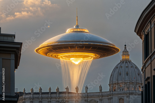 Giant UFO Hovering Over Vatican City St. Peter's Basilica Golden light
