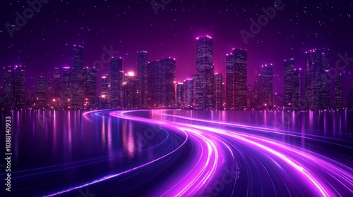Night cityscape with vibrant light trails on a curved road. (1)