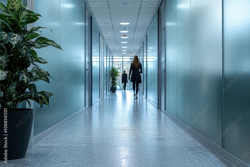 Fototapeta premium Blurry figures walking through a modern glass corridor office space architectural photography contemporary design ground-level perspective evocative atmosphere
