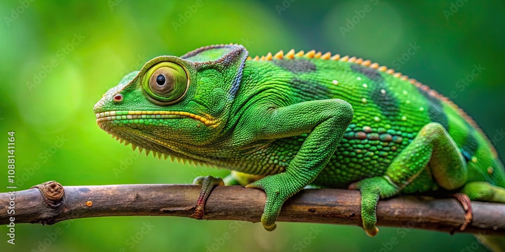 Fototapeta premium Green chameleon camouflaged on a branch, wildlife, reptile, nature, camouflage, tree, wildlife photography