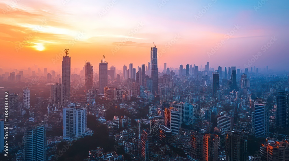 Fototapeta premium A breathtaking aerial view of a modern city skyline during a vibrant sunset, with skyscrapers casting long shadows and the sky ablaze with a mix of pink, orange, and blue hues.