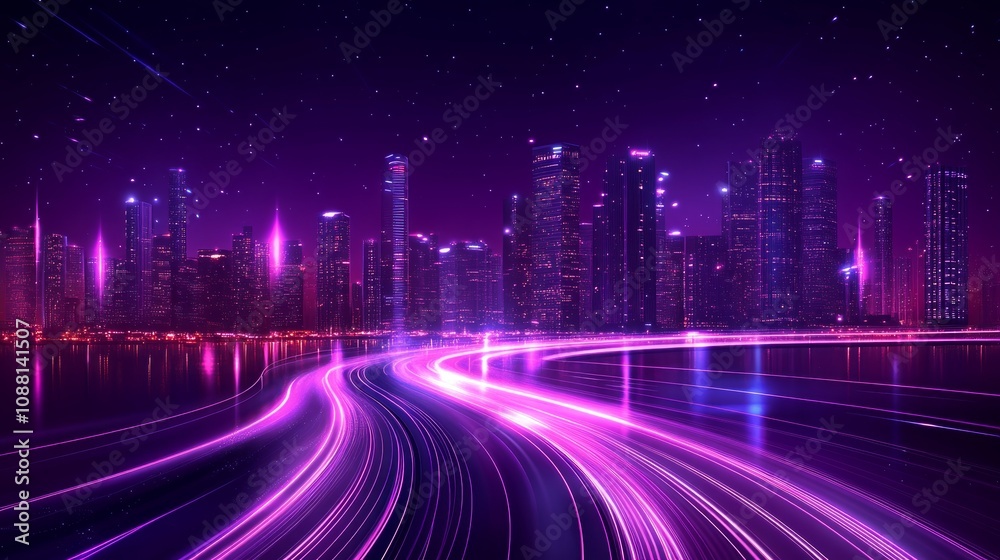 Night cityscape with vibrant light trails on road. Night cityscape with vibrant light trails on road.
