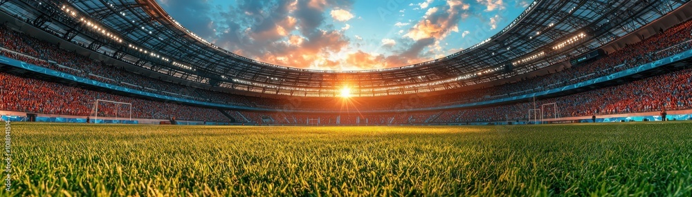 Fototapeta premium Illuminated circular stadium design for grand sports events urban environment architectural sunset view innovative concept