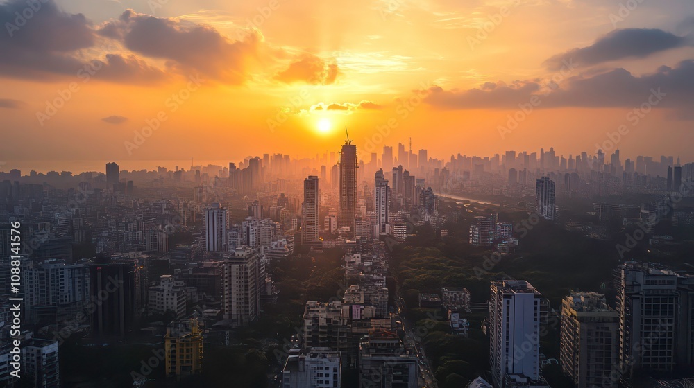 Fototapeta premium A stunning aerial view of a city skyline with the sun setting behind it. The sun is shining brightly, creating a golden glow over the city.