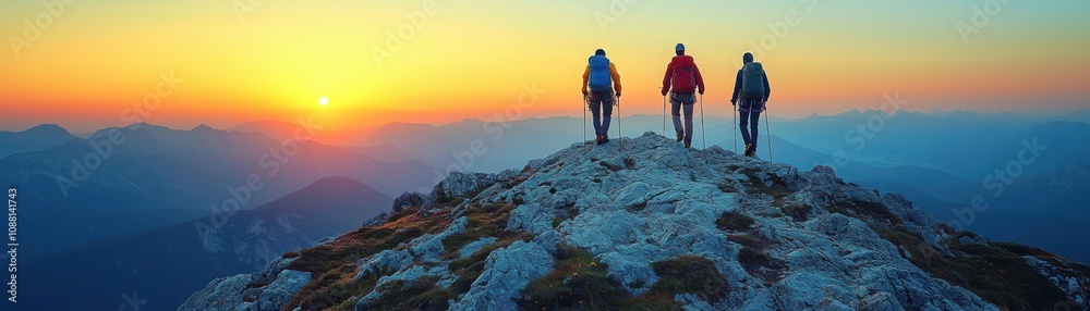 Obraz premium Cinematic mountain summit achievement majestic peaks group climbing adventure backlit sunrise inspirational viewpoint for peak experiences