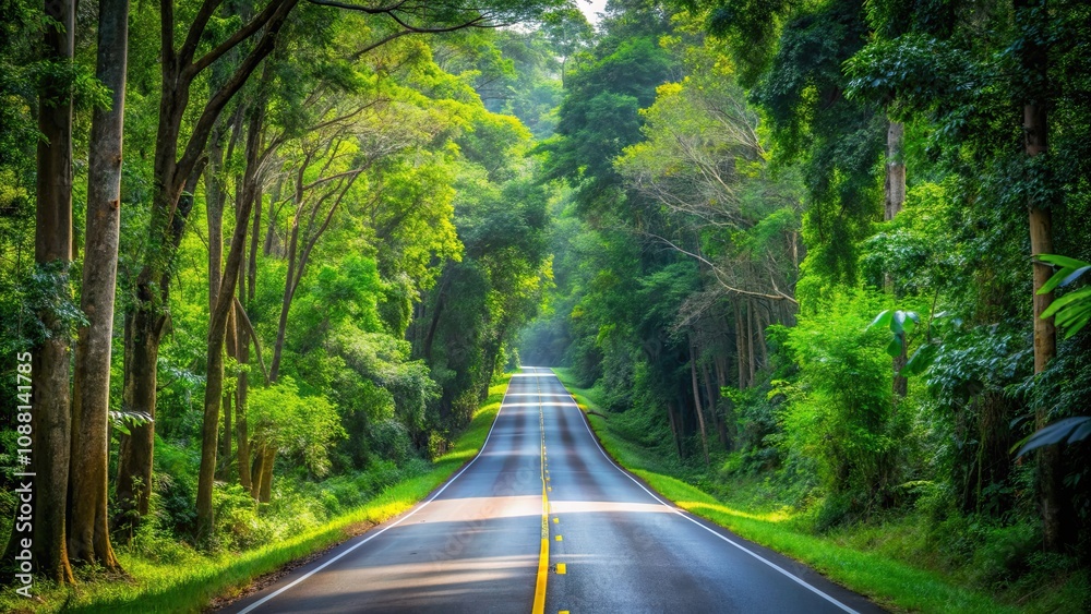 Obraz premium Road leading into lush forest at World Heritage Khao Yai National Park, Thailand , nature, travel, adventure, landscape