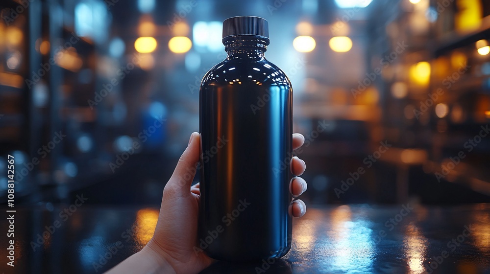 Hand Holding Smooth Black Bottle on Dark Background
