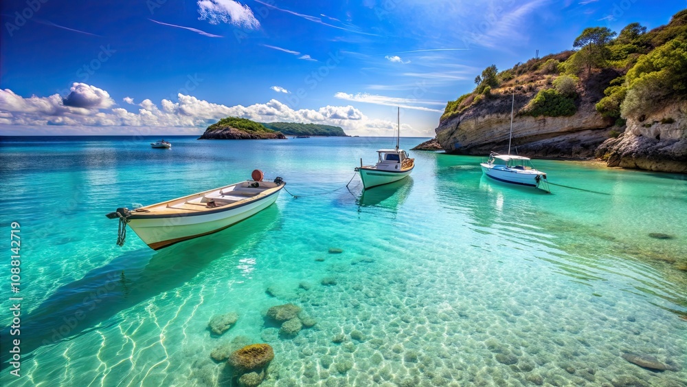Tranquil afternoon at a secluded beach with three boats on turquoise waters, serene, peaceful, quiet, beach, seclusion Tranquil afternoon at a secluded beach with three boats on turquoise waters, serene, peaceful, quiet, beach, seclusion
