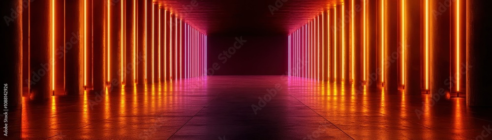 A vibrant corridor with neon lights creating a futuristic atmosphere. A vibrant corridor with neon lights creating a futuristic atmosphere.