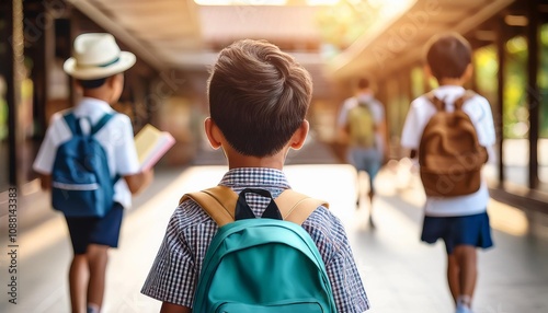 Back View of Boy with Friends Using a Backpack Going to Library. Back to School Consept.