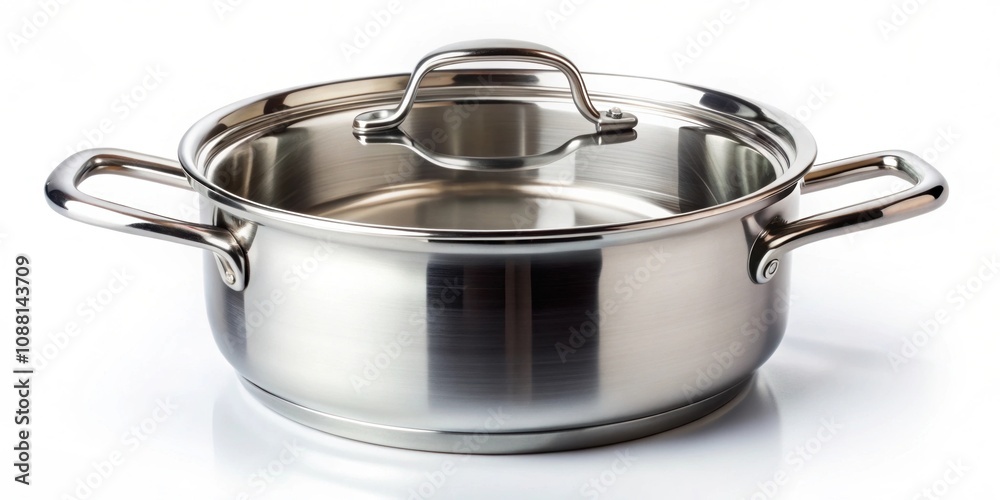 A shiny stainless steel pan on a white background, cookware, kitchen, cooking, frypan, stainless steel, utensil, non-stick A shiny stainless steel pan on a white background, cookware, kitchen, cooking, frypan, stainless steel, utensil, non-stick