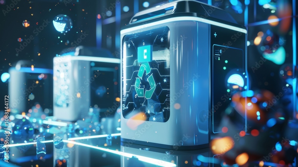 Several futuristic recycling machines are processing electronic waste with glowing lights and digital interfaces, showcasing advanced technology in a modern facility
