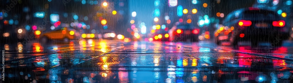 Fototapeta premium Urban night scene vertical blank poster city environment illuminated content rainy viewpoint for dynamic advertising