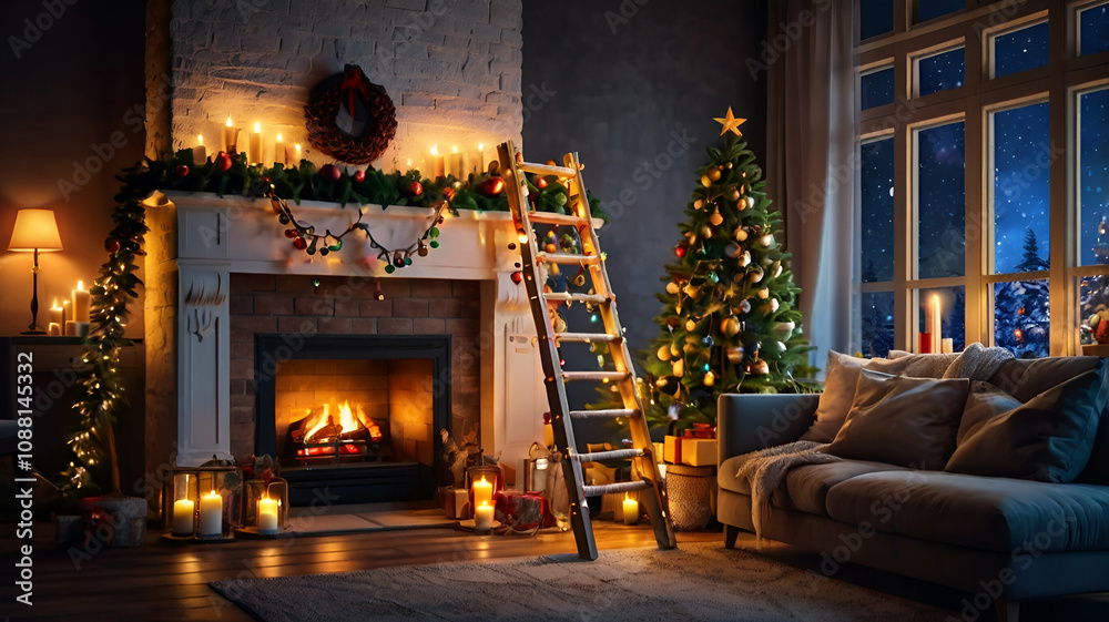 Festive Christmas scene with wooden ladder adorned with strings lights and garlands in a cozy living room with a glowing fireplace and ornaments at night scene, Christmas Day concept

