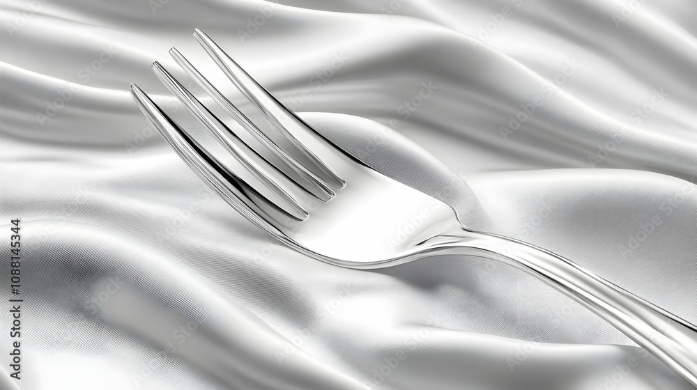 Silver Fork on White Silk: A 3D Illustration Silver Fork on White Silk: A 3D Illustration