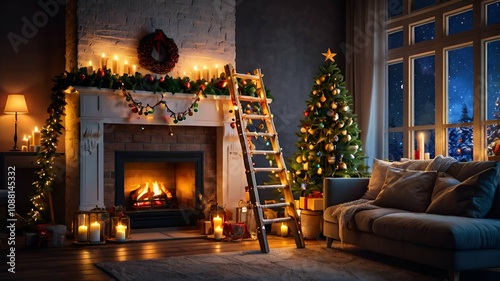 Festive Christmas scene with wooden ladder adorned with strings lights and garlands in a cozy living room with a glowing fireplace and ornaments at night scene, Christmas Day concept


