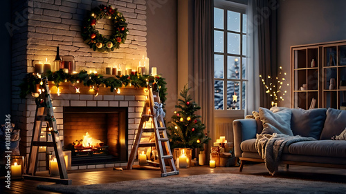 Festive Christmas scene with wooden ladder adorned with strings lights and garlands in a cozy living room with a glowing fireplace and ornaments at night scene, Christmas Day concept

