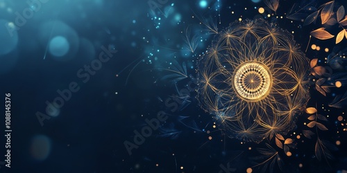 Golden Mandala Dandelion Seedhead with Botanical Elements Dark Blue Background Abstract Art