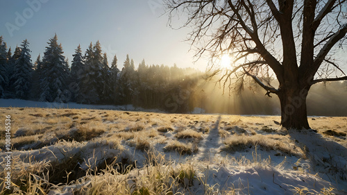 Images of meadows and sunlight during winter

