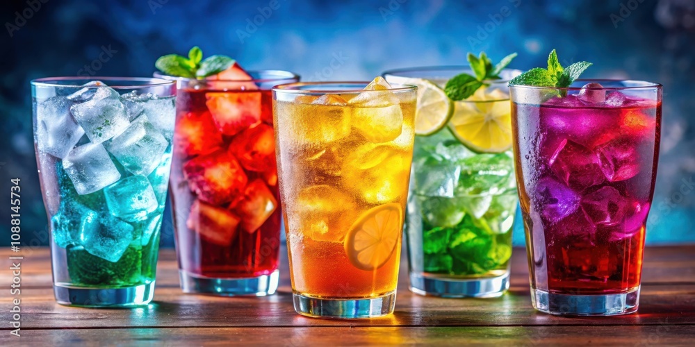 Colorful cold soft drinks with ice cubes in glasses, great for quenching thirst and cooling off in summer, drinks, colorful Colorful cold soft drinks with ice cubes in glasses, great for quenching thirst and cooling off in summer, drinks, colorful