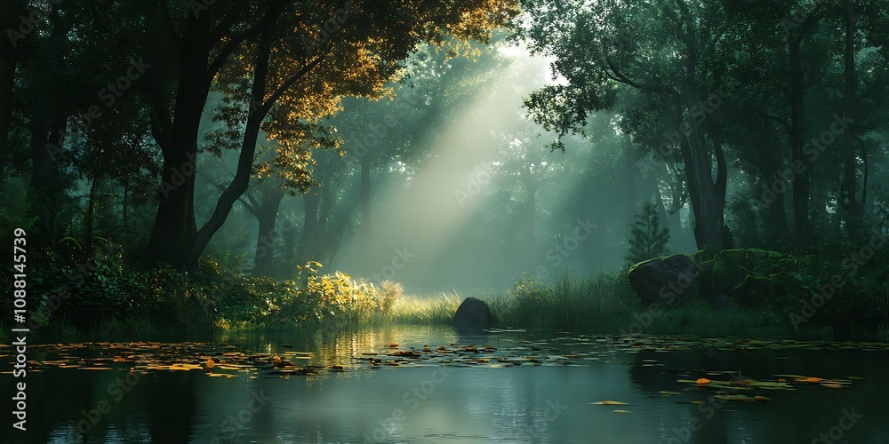 Fototapeta premium Sunbeams in Misty Forest River