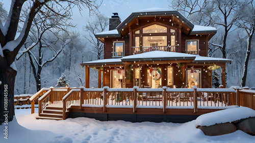 A beautifully decorated house with a winter deck view, showcasing snowflakes and holiday charm amidst a snowy landscape.

