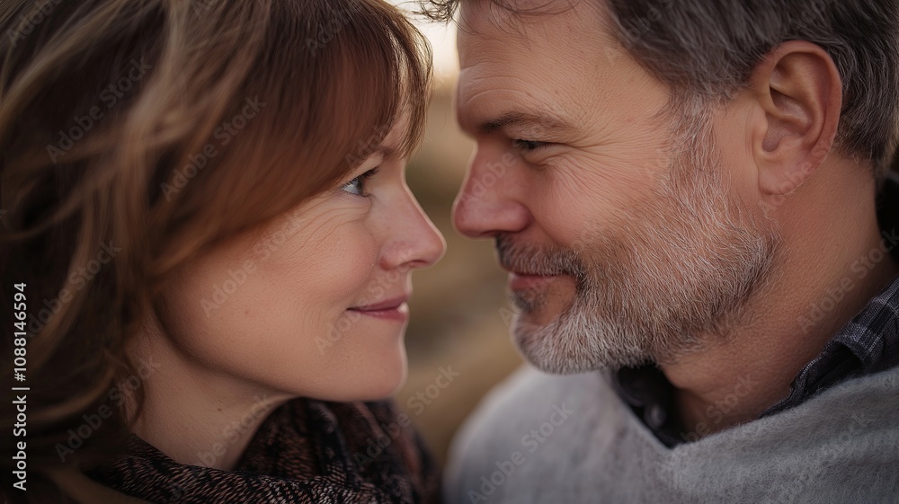 Intimate Portrait of a Couple Sharing a Moment While Gazing Into Each Other's Eyes, Capturing Love and Connection in a Serene Outdoor Setting Intimate Portrait of a Couple Sharing a Moment While Gazing Into Each Other's Eyes, Capturing Love and Connection in a Serene Outdoor Setting