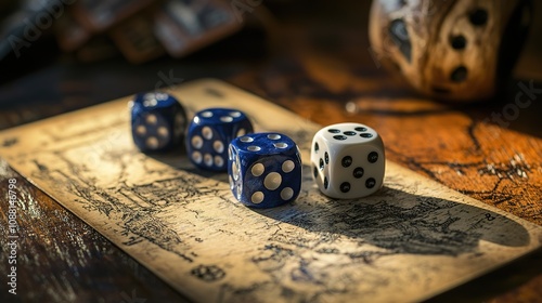 Detailed Close-Up of Dice and Playing Card - A High-Resolution Image Showcasing Intricate Patterns and Textures for a Classic Gaming Theme.