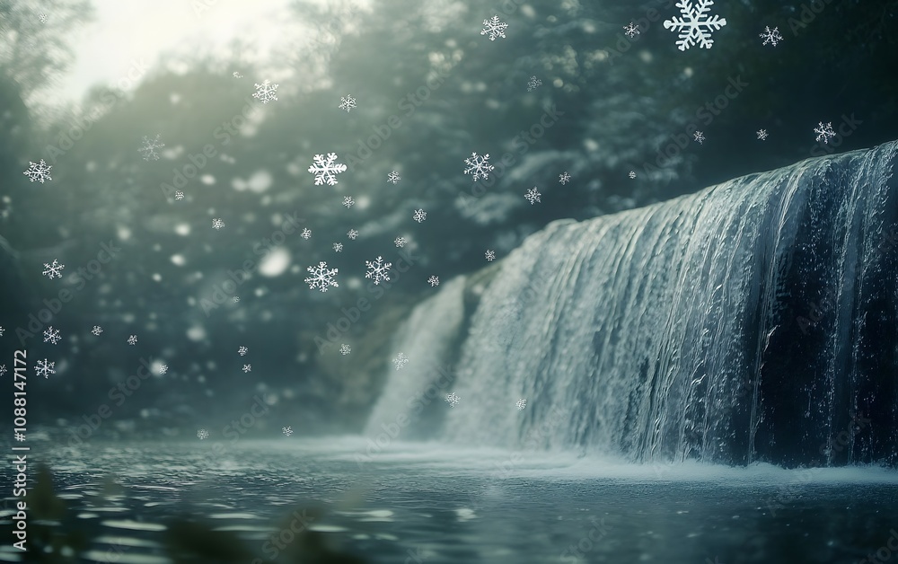 A serene waterfall surrounded by nature, adorned with floating snowflakes, creating a magical winter scene. A serene waterfall surrounded by nature, adorned with floating snowflakes, creating a magical winter scene.
