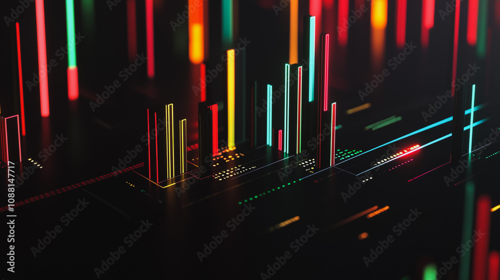 Abstract black background with 3D Colorful charts and graphs with statistics to innovative analyze business potential and forecast future development of companies growth. Abstract black background with 3D Colorful charts and graphs with statistics to innovative analyze business potential and forecast future development of companies growth.