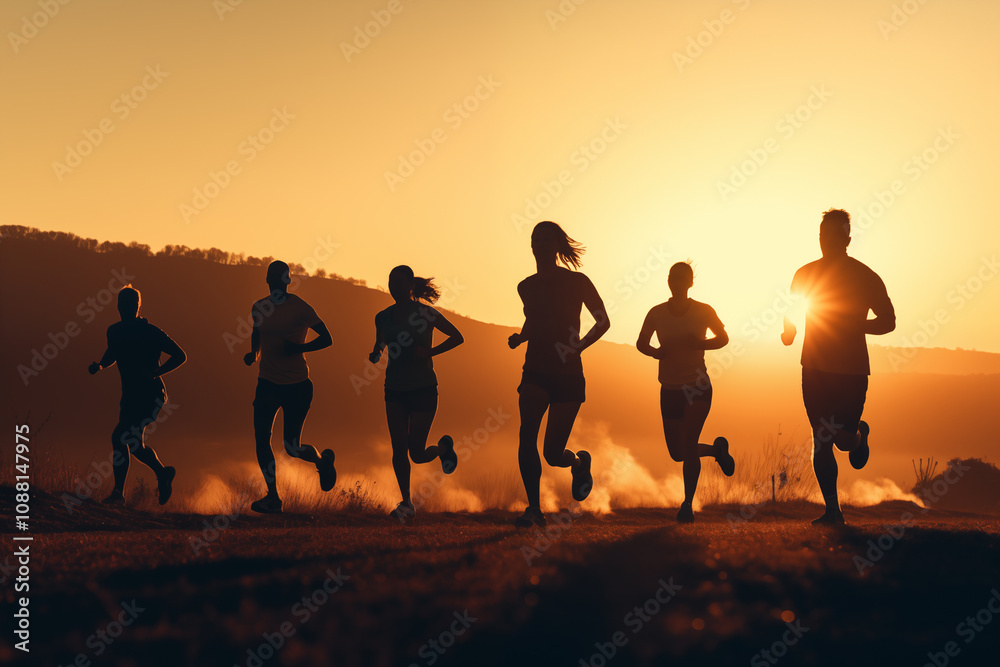 Fototapeta premium Groups of runners enjoy an evening jog along a scenic trail as the sun sets, casting a warm glow over the landscape and emphasizing their silhouettes.